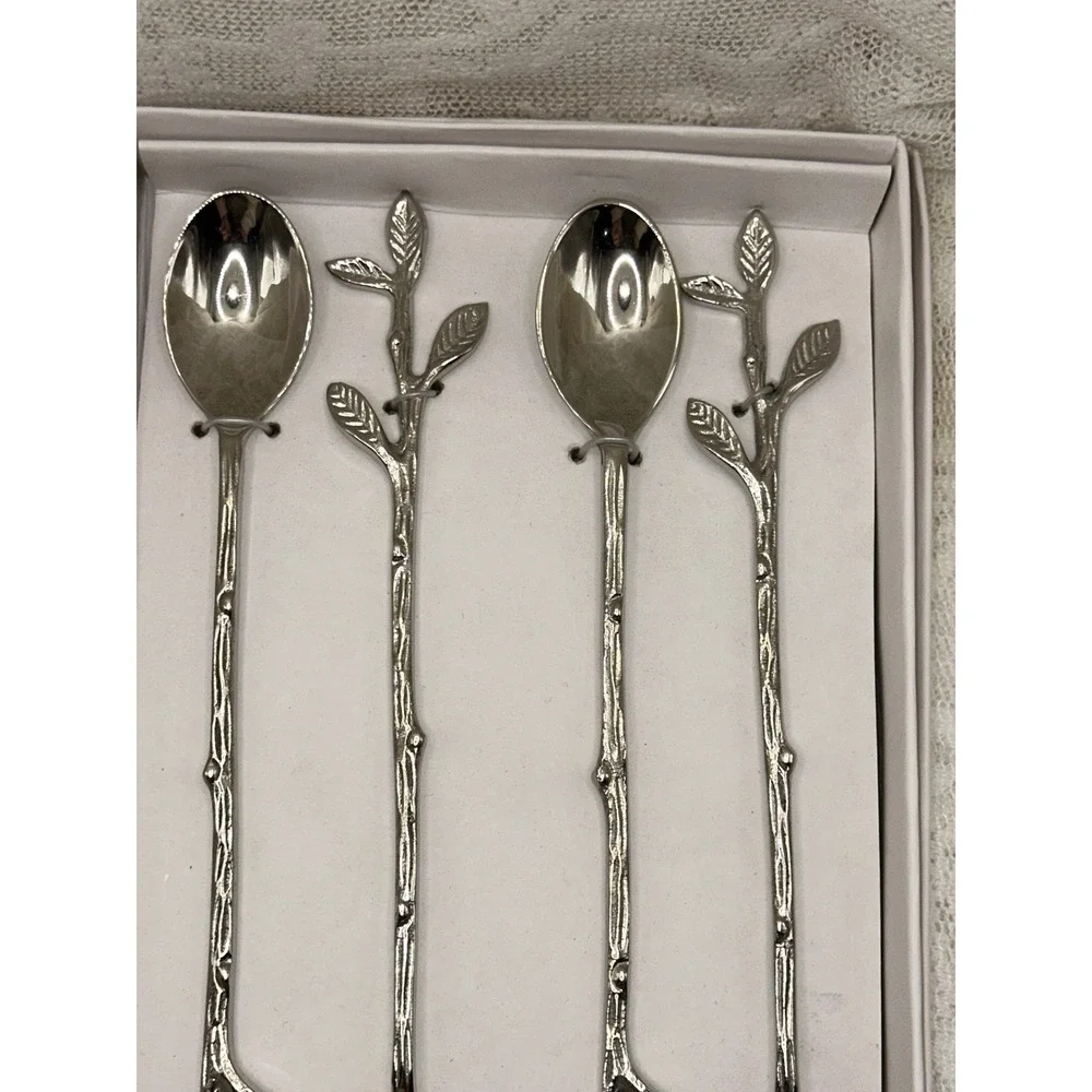 Zodax Leaves Cocktail Spoons Set of 4 Silver Tone Twig Handle IN-7312‎ New